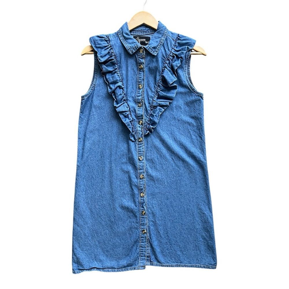 Denim Sleeveless Ruffle Dress Medium Button Front Cotton Western Natural Fiber